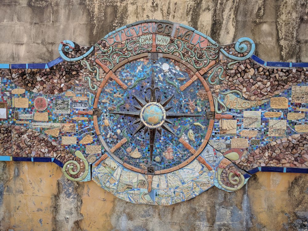 Colorful compass-rose mosaic, Travellers' Walk, Darwin